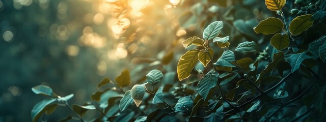 Wall Mural - sunlight filtering through green leaves in garden