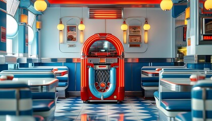 Nostalgic retro diner with a vibrant red jukebox surrounded by cozy blue and white decor and classic checkered flooring