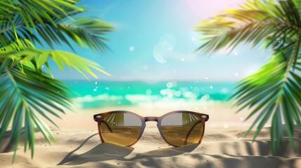 Wall Mural - tropical 3d background with oversized sunglasses on sandy beach summer holiday illustration