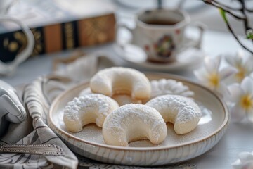 kue putri salju or princess snow cookies or snow white cookies is melt in the mouth cookies has a shape of crescent coated in icing sugar and popular indonesian cookies for lebaran. selected focus