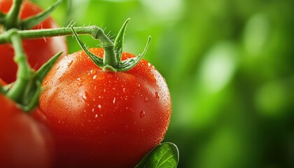 Fresh, vibrant red tomato with droplets of water, nestled among lush green leaves, perfect for healthy recipes and gardening themes.