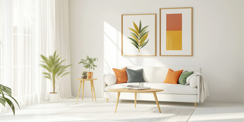 Wall Mural - Beautiful House or apartment livingroom interior design for a mockup home decor model concept, Sofa with pillows and abstract poster art, bright sun light coming through windows