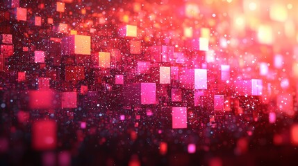 Poster - Colorful digital particles create a vibrant abstract background filled with pink hues and shimmering effects