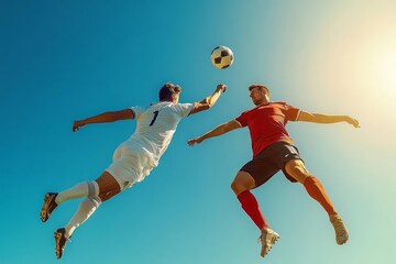 Soccer players aerial duel, mid-game energy