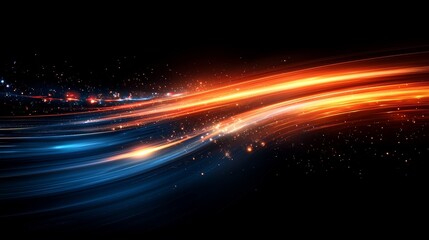 Poster - Dynamic light trails of blue and orange create a vibrant abstract design on a dark background