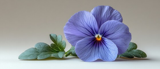 Wall Mural - A Single Pansy with Delicate Blue Petals and Green Leaves