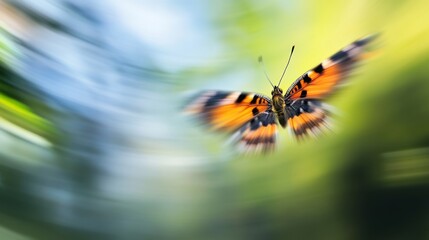 Poster - An artistic shot of a butterfly in mid-flight, with its wings spread wide and blurred background, creating a sense of motion and freedom.
