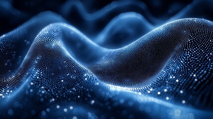 Poster - Abstract representation of flowing waves with bright dots resembling stars, created in a blue digital environment