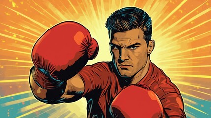 A determined Hispanic male boxer in red gloves prepares to strike, radiating intensity against a vibrant backdrop.