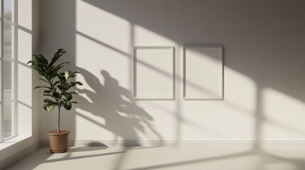 A minimalist interior featuring a plant and two empty frames casting shadows in soft light.