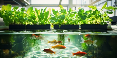 Wall Mural - Goldfish swimming in a tank with plants.