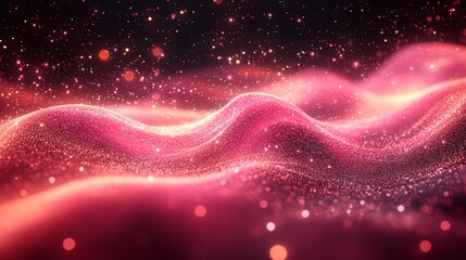 Poster - Abstract representation of flowing waves with sparkling particles in shades of pink and purple set against a dark background