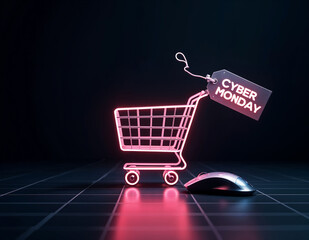 futuristic cyber monday shopping cart with cyber monday sign and a computer mouse on a dark background