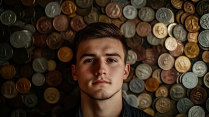 A young Caucasian male with a focused expression stands against a backdrop of various coins, symbolizing wealth and ambition.