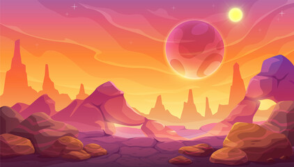 Poster - Cartoon alien space planet surface, fantastic mars red mountains landscape. Vector otherworldly background features rocky formations, and a large, mysterious planet in the sky, with a stunning sunset