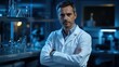 © Nathan - A serious middle-aged Caucasian male scientist in a lab coat stands confidently in a modern laboratory.