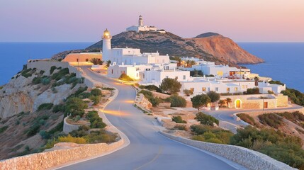 Wall Mural - Tranquil Dusk at a Mediterranean Lighthouse Village