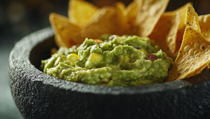 Wall Mural - Traditional guacamole in a stone bowl wth tortilla chips