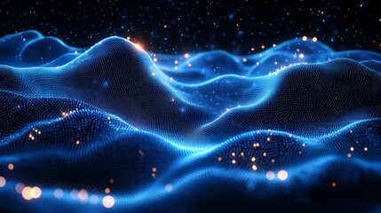 Poster - Abstract digital landscape with glowing blue waves and shimmering lights in a starry background at night