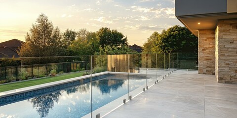 Modern pool with glass fence and stone wall.