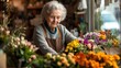 © Nathan - An elderly Caucasian woman arranges colorful flowers in her cozy florist shop, exuding warmth and passion for her craft.