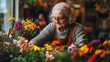 © Nathan - Smiling elderly woman tending to vibrant flowers in a cozy shop, showcasing her love for nature and floral artistry.