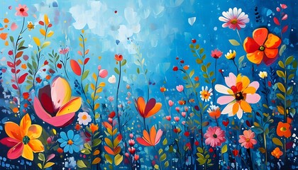 Vibrant abstract garden of flowers and leaves against a blue backdrop, bursting with diverse shapes and colors, radiating a bright and cheerful atmosphere