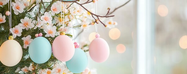 Wall Mural - Easter Eggs Hanging From Branch With White Flowers.