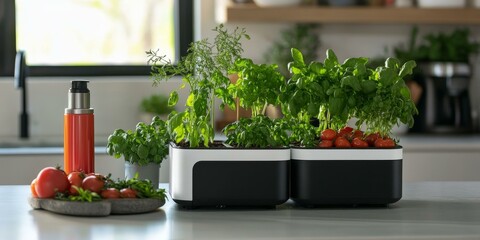 Canvas Print - Indoor herb garden with tomatoes in a kitchen.