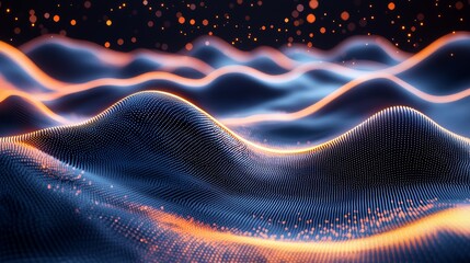 Poster - Digital waves illuminated with vibrant hues demonstrate motion and depth in a futuristic landscape, creating a mesmerizing visual experience