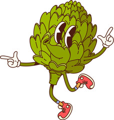 Leinwandbilder - Groovy artichoke vegetable retro character. Isolated cartoon vector vintage healthy food personage with expressive eyes, wearing red sneakers, and striking a playful pose with its arms pointing upward