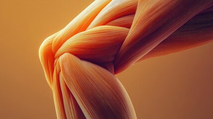 Poster - A close-up view of an artistic representation of a human knee joint, showcasing vibrant muscle texture against a warm background.
