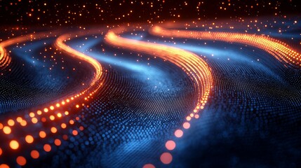 Poster - Abstract waves of glowing particles create a mesmerizing digital landscape with vibrant colors in a dark environment