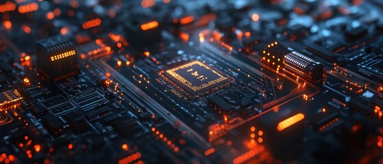 Wall Mural - Close-up of a Circuit Board with Glowing Orange LEDs