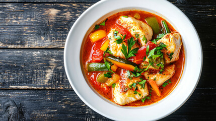 Canvas Print - Spicy fish stew with tomatoes, peppers, and herbs in a white bowl on a dark wooden background