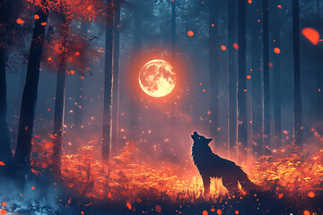 A wolf howling at a glowing moon in a mystical forest filled with vibrant colors.