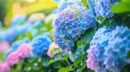 Beautiful hydrangea flowers in shades of blue and pink, vibrant garden background, soft focus, capturing the essence of spring