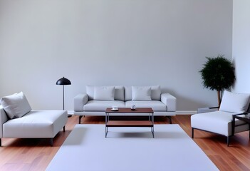 Minimalistic waiting room with two chairs and blank banners on wall.