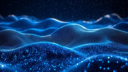 Poster - Digital blue waves with glowing dots create a mesmerizing effect in a dark underwater environment