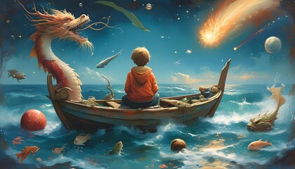 A boy in a boat navigates a fantastical ocean filled with a dragon, a comet, and vibrant fish blending elements of fantasy and reality