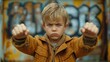 © andriyyavor - A child with a serious expression, wearing a jacket, stands with fists raised in front of graffiti-adorned walls. The scene conveys a sense of rebellion and youthful defiance in an urban setting.