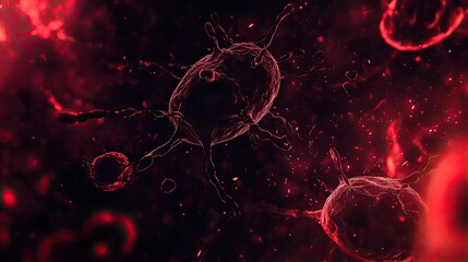 Poster - Abstract depiction of cells in a red environment, showcasing the intricate details and vibrant colors of microscopic life.