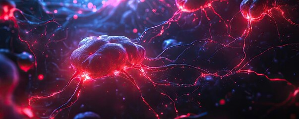 Poster - A vibrant close-up of neural networks illuminated in red and blue, showcasing intricate connections and dynamic energy.