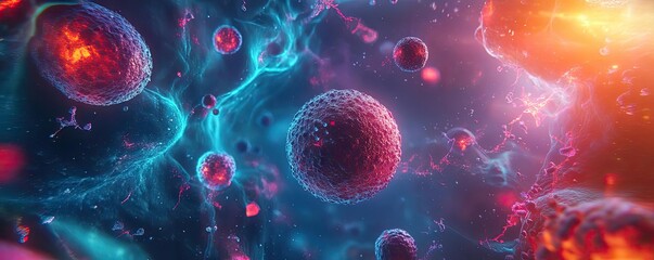 Poster - Colorful illustration of microscopic cells in a vibrant, abstract environment, depicting the beauty of biological structures.
