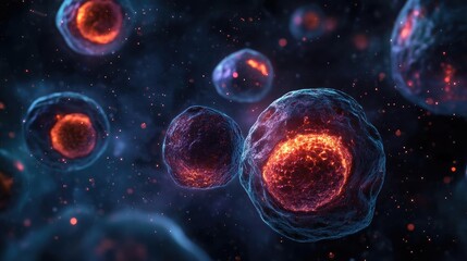 Poster - Vibrant microscopic view of cells showcasing intricate structures and glowing elements against a cosmic background.