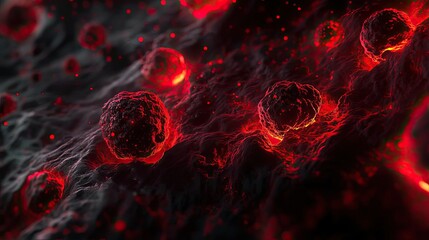 Poster - Abstract representation of red cells with glowing effects, showcasing intricate details and a dynamic, vibrant atmosphere.