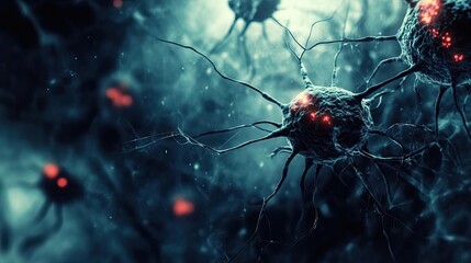 Poster - Close-up view of a neuron network with glowing elements, showcasing intricate details of neural connections and structures.