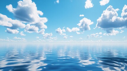 Calm blue sea reflecting the cloudy sky on a sunny day, creating a peaceful and serene atmosphere