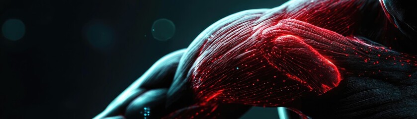 Poster - Close-up of a muscular arm showcasing vivid anatomical details with a unique neon lighting effect, highlighting strength and vitality.