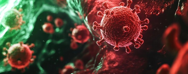 Poster - Close-up view of a virus depicted in vibrant colors, showcasing intricate details and textures of its surface structure.